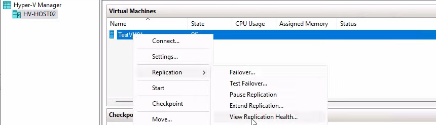 Replication health window on the replica host showing the inverse view with Replica server, the primary host name, and Health Normal status confirming the receiving end is healthy