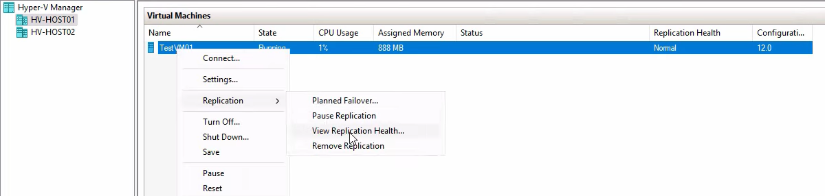 Hyper-V Manager right-click context menu on testVM01 on the primary host with the Replication submenu open and View Replication Health highlighted, the entry point for verifying the source side is healthy before triggering a drill