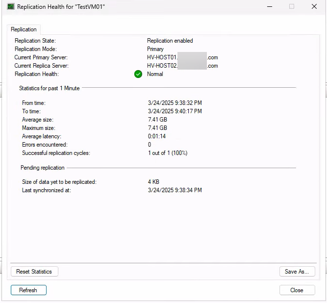 Replication Health window on the primary host showing Replication enabled, Primary server, Health Normal, plus statistics for last sync time and pending changes, the green-light state required before any failover