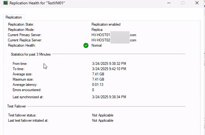 Replication Health window on the replica host showing Replica server, the primary host name, and Health Normal, the destination-side counterpart confirming both ends agree the relationship is healthy