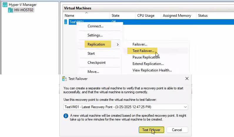 Test Failover dialog with the Latest recovery point option selected and the Test Failover button highlighted, the kickoff that creates the linked-clone test VM in the next step