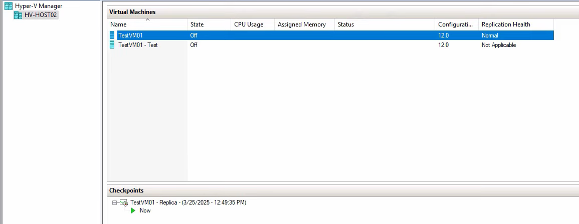 Hyper-V Manager VM list showing testVM01-Test newly created alongside the original replica testVM01, the visual confirmation that the linked clone exists as a separate VM ready to be started