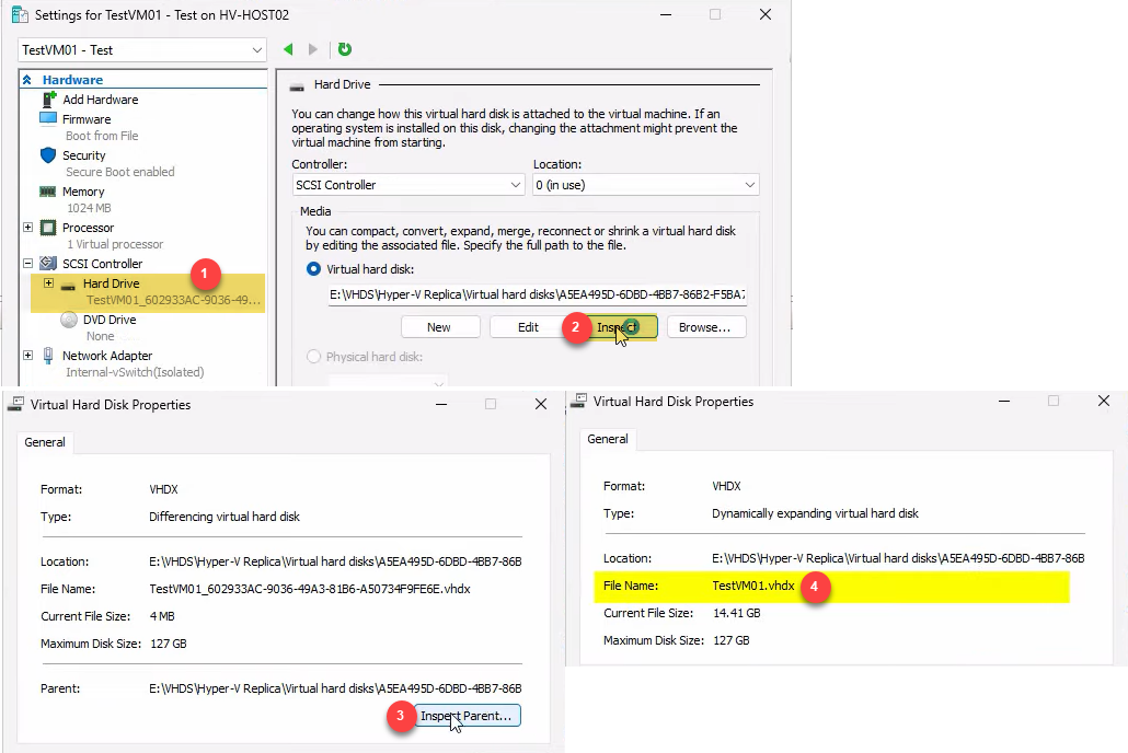 Inspect Disk dialog showing the differencing disk hierarchy with the testVM01-Test child disk linked to the parent testVM01.vhdx, the proof that the test VM is using copy-on-write rather than a full disk copy