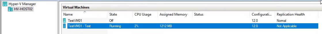 Hyper-V Manager right-click context menu on the ORIGINAL replica testVM01 (not the test clone) with the Replication submenu open and Stop Test Failover highlighted, the correct teardown action that wipes the test artifacts