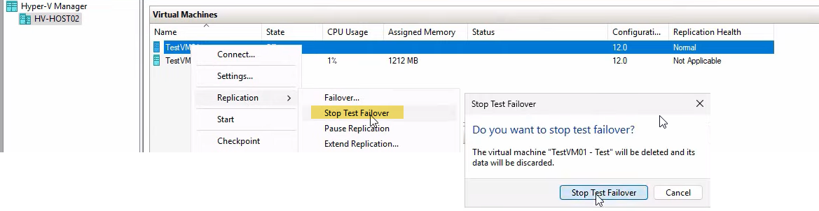 Confirmation dialog for the Stop Failover action with the warning that the test VM and all its differencing disks will be deleted, the irreversible commit point of the cleanup