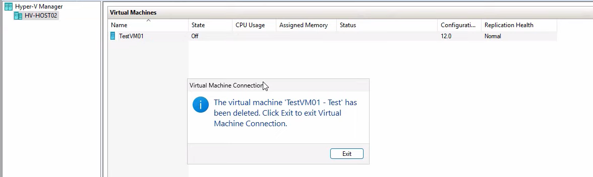 Final confirmation that testVM01-Test has been deleted with the Exit button highlighted, after which the replica returns to its pre-test state and the next 5-min replication delta resumes normally