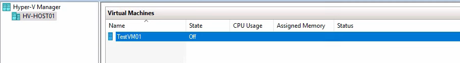 Hyper-V Manager on the primary host showing testVM01 in the Off state after a graceful shutdown via the right-click Shut Down action, the prerequisite state required for a planned failover so the final sync has nothing in flight