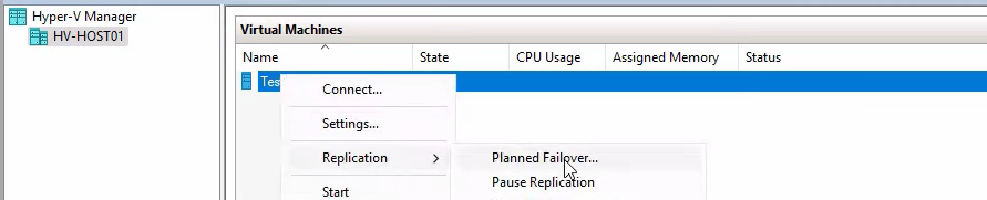 Hyper-V Manager right-click context menu on testVM01 with the Replication submenu open and Planned Failover highlighted, the entry point into the wizard that drives the controlled handover