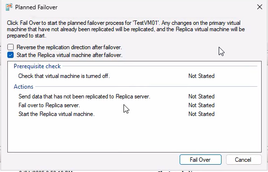 Planned Failover wizard with the option boxes Reverse the replication direction after failover and Start the replica VM after failover available, plus the Actions pane listing the upcoming steps (sync remaining changes, shut down primary, start replica) and the Failover button highlighted