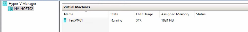 Hyper-V Manager on the replica host after the failover completes showing testVM01 now in the Running state on HVHost02, the visual confirmation that the role transfer landed and the replica is now serving the workload