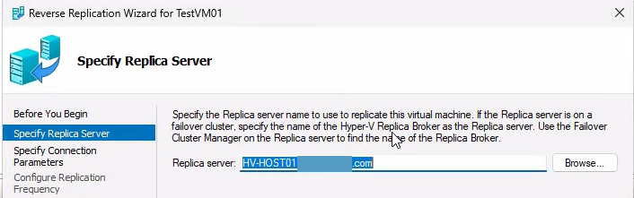 Reverse Replication wizard Specify Replica Server page with the OLD primary host (HVHost01) auto-filled as the new replica destination, the symmetry of the original replication relationship being restored in the opposite direction