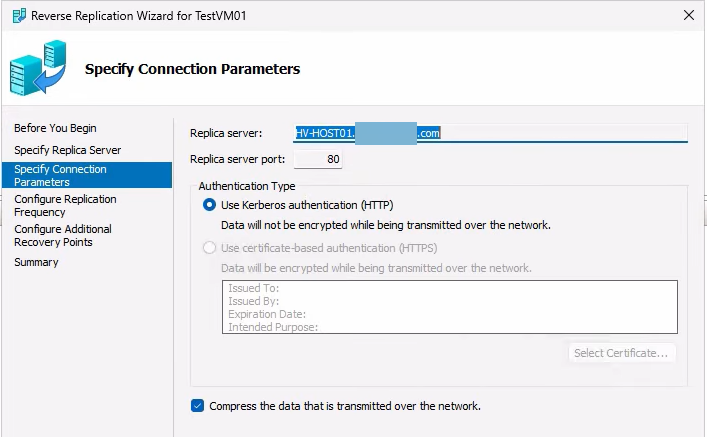 Reverse Replication wizard Specify Connection Parameters page showing HTTP and Kerberos selected to match the original replication settings, with port 80 displayed and Compress data ticked