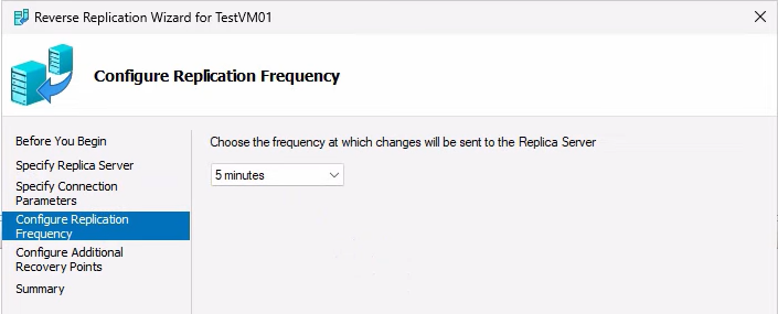 Reverse Replication wizard Configure Replication Frequency page with the dropdown set to 5 minutes, the same default interval the original direction used