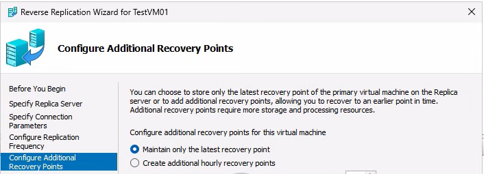 Reverse Replication wizard Configure Recovery Points page showing the Maintain only the latest recovery point option selected for the simple lab demo, the configuration that determines how many historical snapshots are retained on the new replica