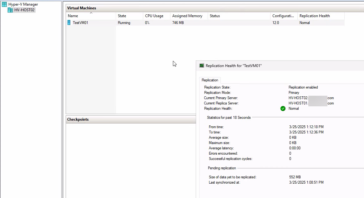 Replication Health window on the new primary (HVHost02) after the reverse-replication wizard completes showing Primary mode and Health Normal, confirming bidirectional protection is restored with deltas now flowing back to HVHost01