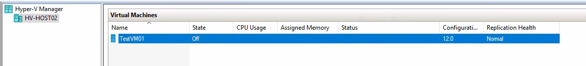 Hyper-V Manager on the current primary (HVHost02) at the start of the failback flow showing testVM01 in the Off state after a graceful shutdown, mirroring the start of the original failover but with roles swapped