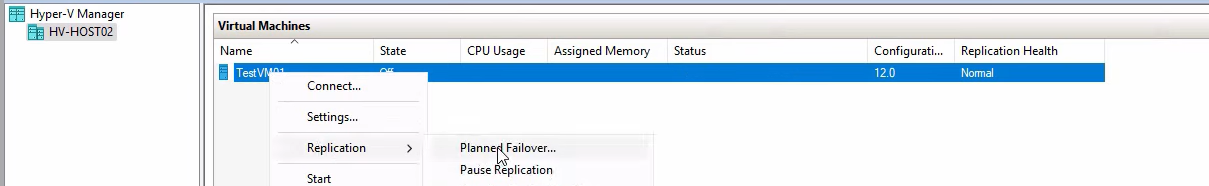 Right-click context menu on the current primary VM with Replication > Planned Failover highlighted, kicking off the failback wizard that will return the workload to the original host” /><figcaption>Right-click VM > Replication > Planned Failover. Same wizard as before, but now you&rsquo;re moving HVHost02 -> HVHost01.</figcaption></figure>
<p>Right-click testVM01 > Replication > Planned Failover.</p>
<figure class=