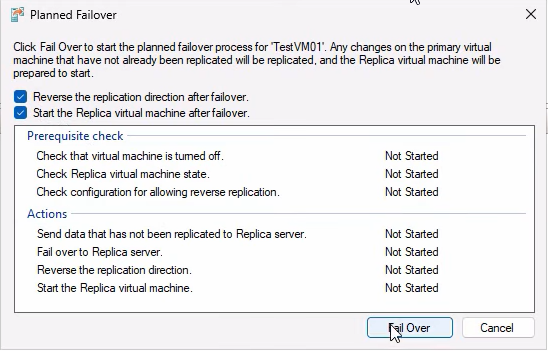 Planned Failover wizard for the failback with Reverse the replication direction after failover ticked (recommended for failback so DR continues protecting in the original direction immediately after) and the Failover button highlighted, the recommended end-state that completes the round-trip cleanly