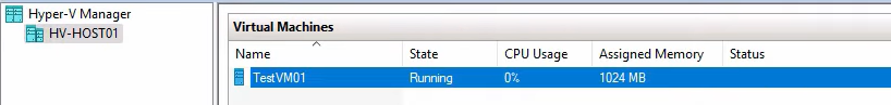 Hyper-V Manager on the original primary (HVHost01) after failback showing testVM01 in the Running state again with the Network Adapter assigned to an external switch, the workload now back on its original home with replication flowing to HVHost02 in the original direction