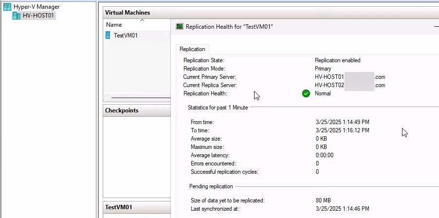 Replication Health window on the recovered primary (HVHost01) showing Primary mode and Health Normal, the round-trip complete and the replication relationship restored to its pre-maintenance state