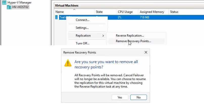 Confirmation dialog for the Remove Recovery Points action with the warning that all checkpoints will be merged into the VHDX, the operation that commits the failover state and ends the rollback window