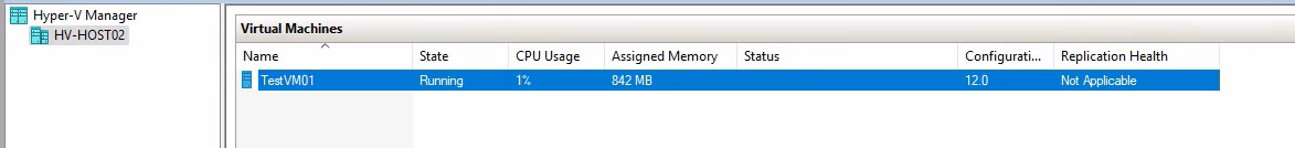 Hyper-V Manager status pane after Remove Replication completed showing the VM with Replication health field reading Not Applicable, the visual confirmation that the relationship is severed