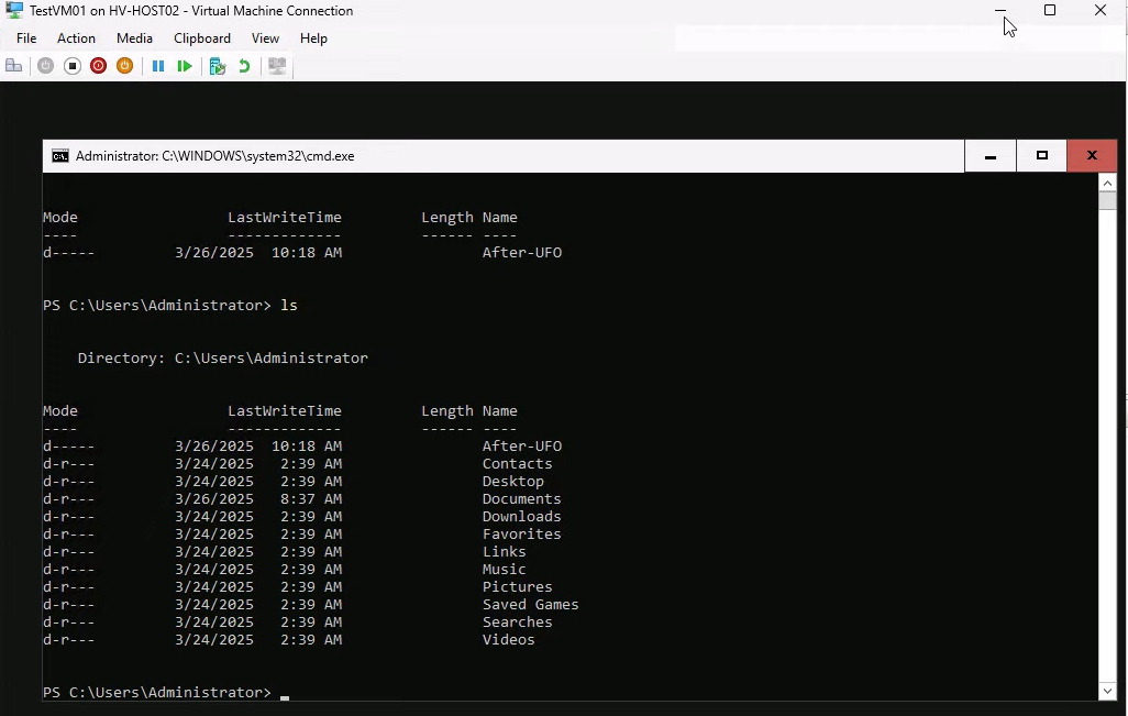 Guest VM console window showing a PowerShell session inside the failed-over VM with the mkdir command creating a folder named afterUFO and the ls output confirming the folder exists, the post-failover smoke test that proves the VM is fully functional