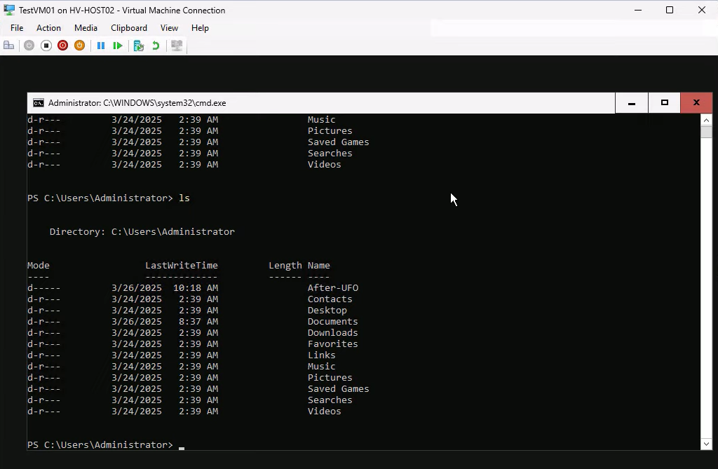 Same guest VM console after Remove Recovery Points has been applied with another ls invocation showing the afterUFO folder still present, proof that the checkpoint merge committed the post-failover changes into the base VHDX without data loss