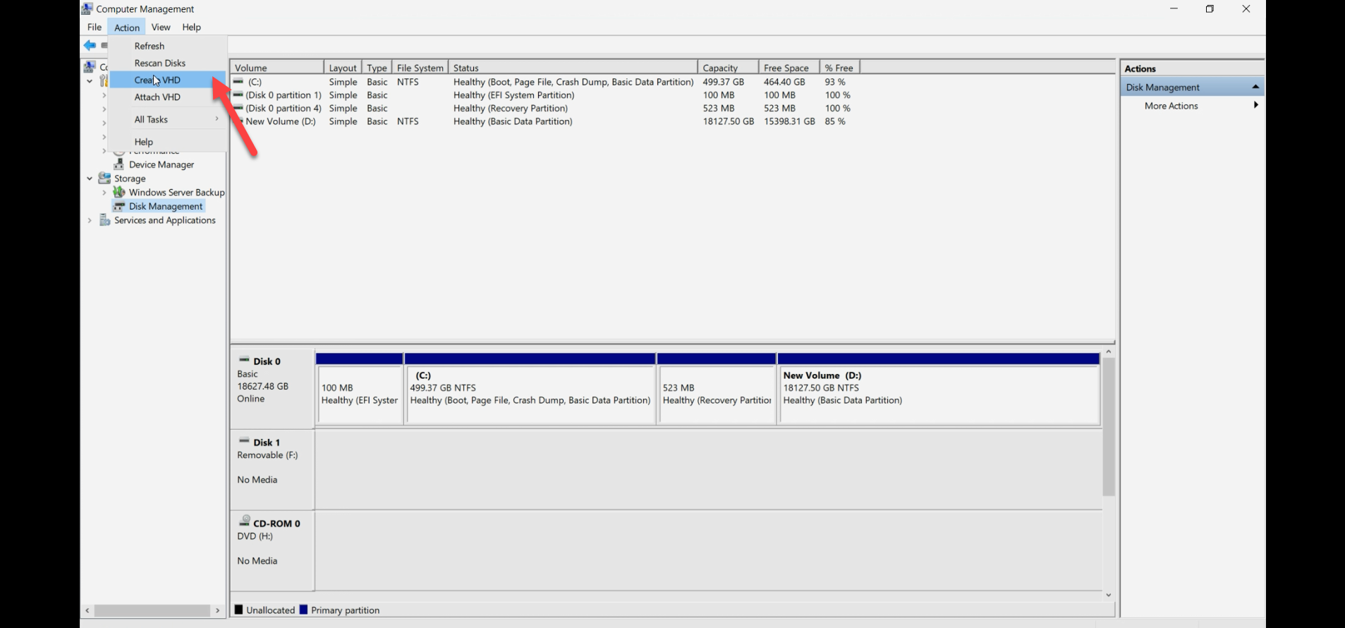 Disk Management console (diskmgmt.msc) open on the Hyper-V host showing the existing physical disks and a new entry where the VHDX will appear after creation, the starting view for either the VHDX-file path or the pass-through path