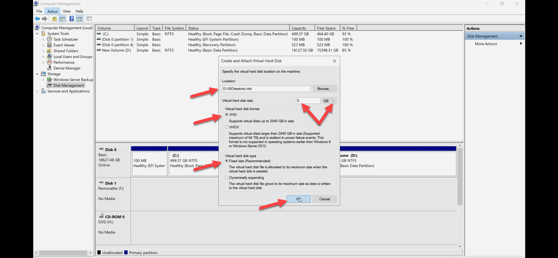 Create and Attach Virtual Hard Disk dialog with the file location browse field populated, format set to VHDX, size entered, and the Fixed-vs-Dynamically-expanding radio group visible, the dialog that creates a fresh VHDX file in one operation