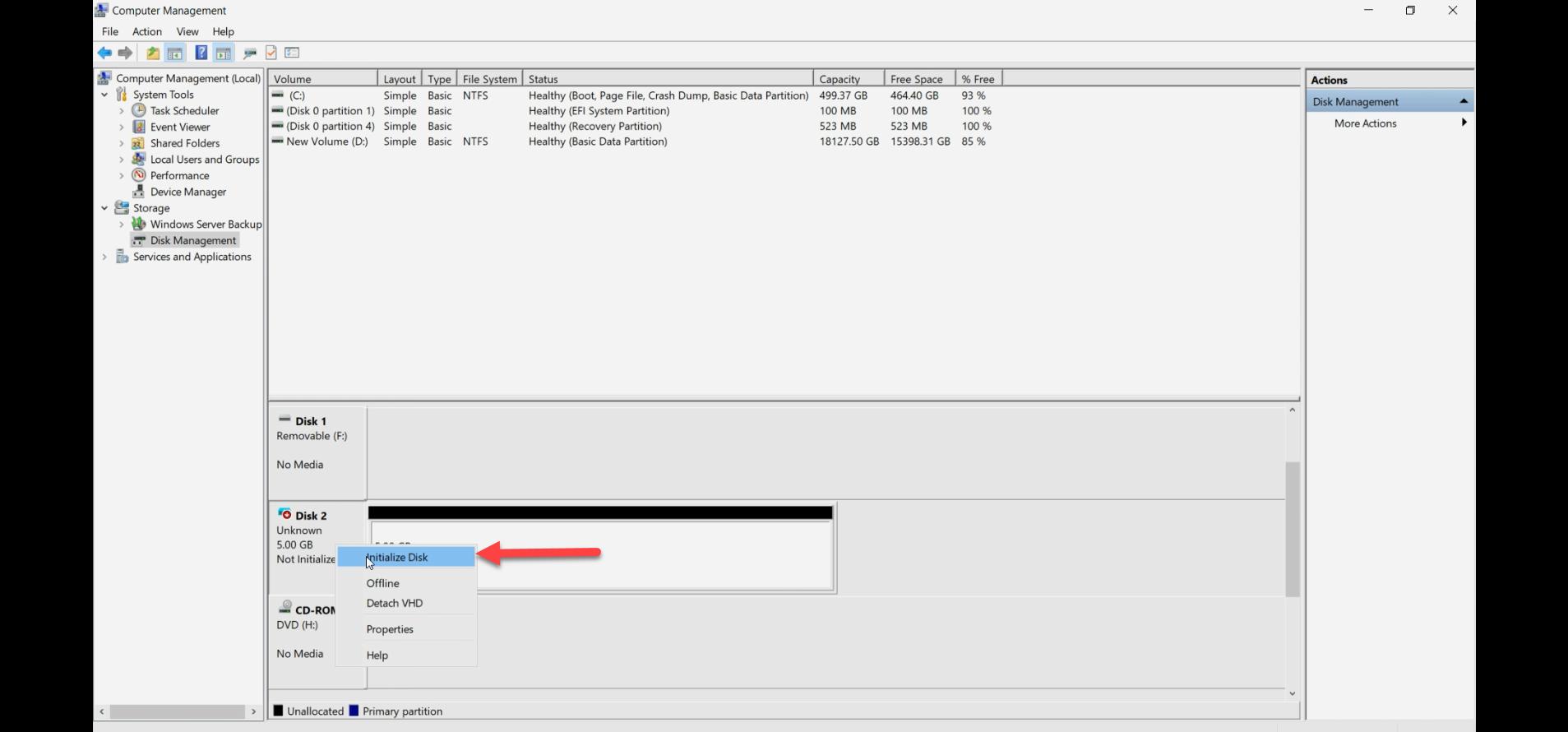 Initialize Disk dialog with the disk number selected and the partition style radio group offering MBR and GPT, the OS-level prep that makes the disk usable - or in pass-through scenarios, the step you intentionally skip