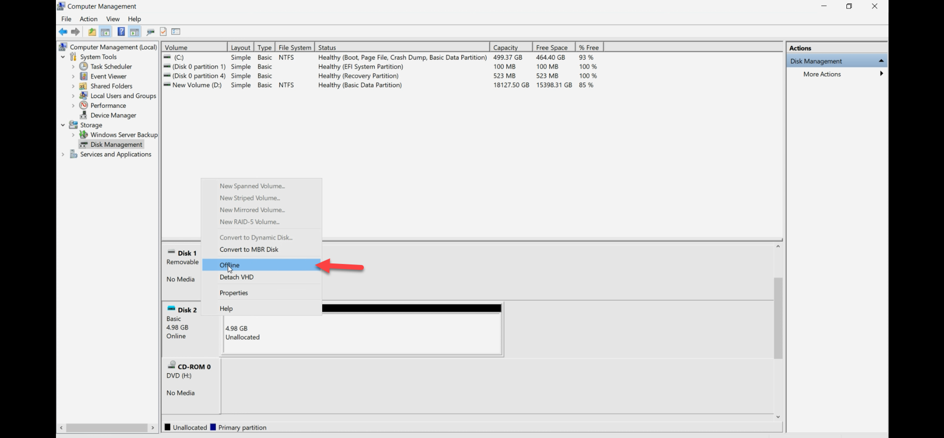 Disk Management context menu on the disk number with the Offline action highlighted, the mandatory step for the pass-through path that releases the disk from the host so the VM can claim it exclusively