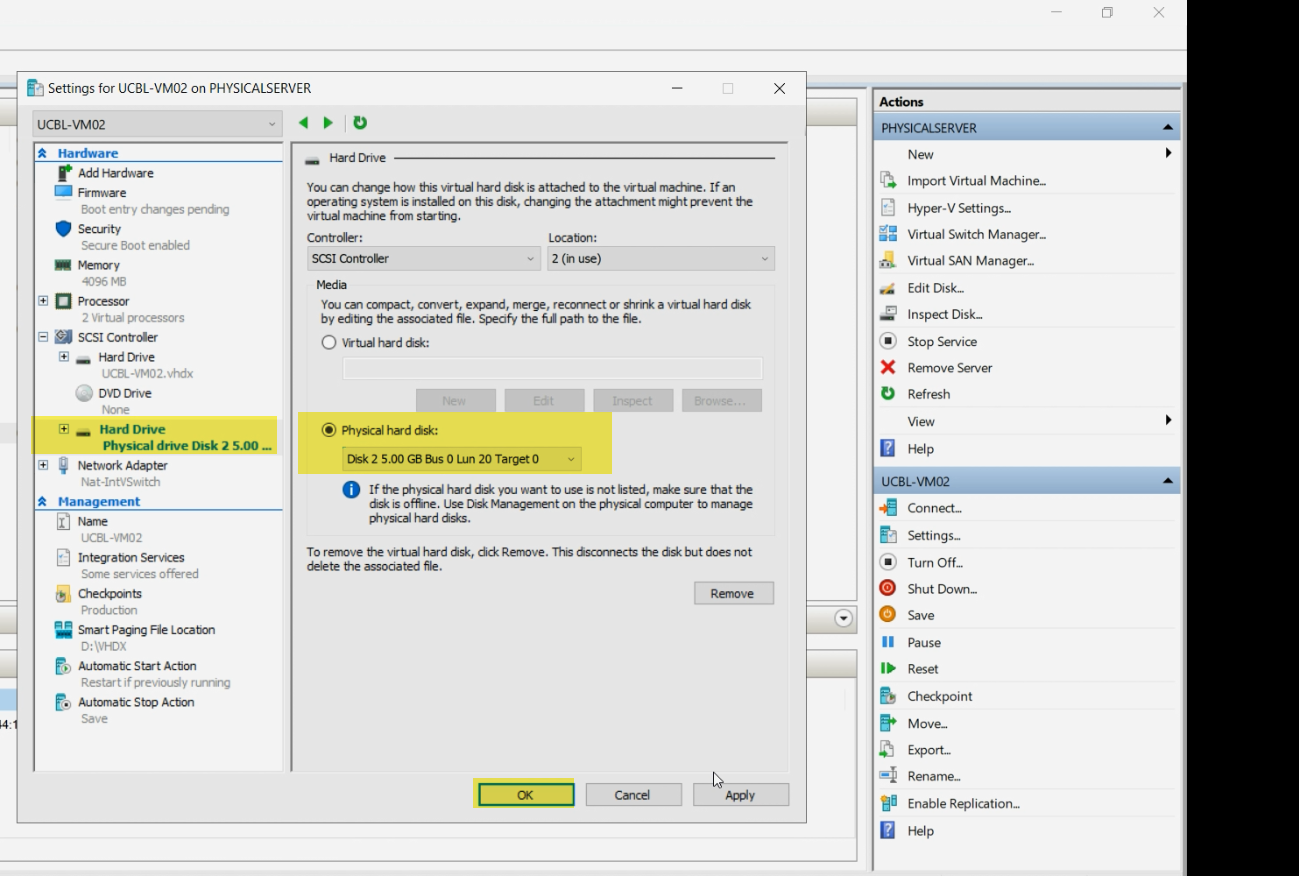 Hyper-V Manager VM Settings dialog with the SCSI Controller node expanded showing a new Hard Drive entry, the Physical hard disk radio button selected, and the dropdown listing the offline disk by its disk number, the wiring step that hands the raw block device to the guest