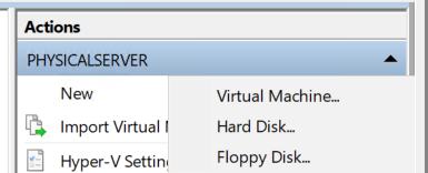 Hyper-V Manager Action pane on the host with New highlighted and Hard Disk option visible in the submenu, the entry point into the New Virtual Hard Disk wizard used here to fabricate a legacy VHD for the conversion demo