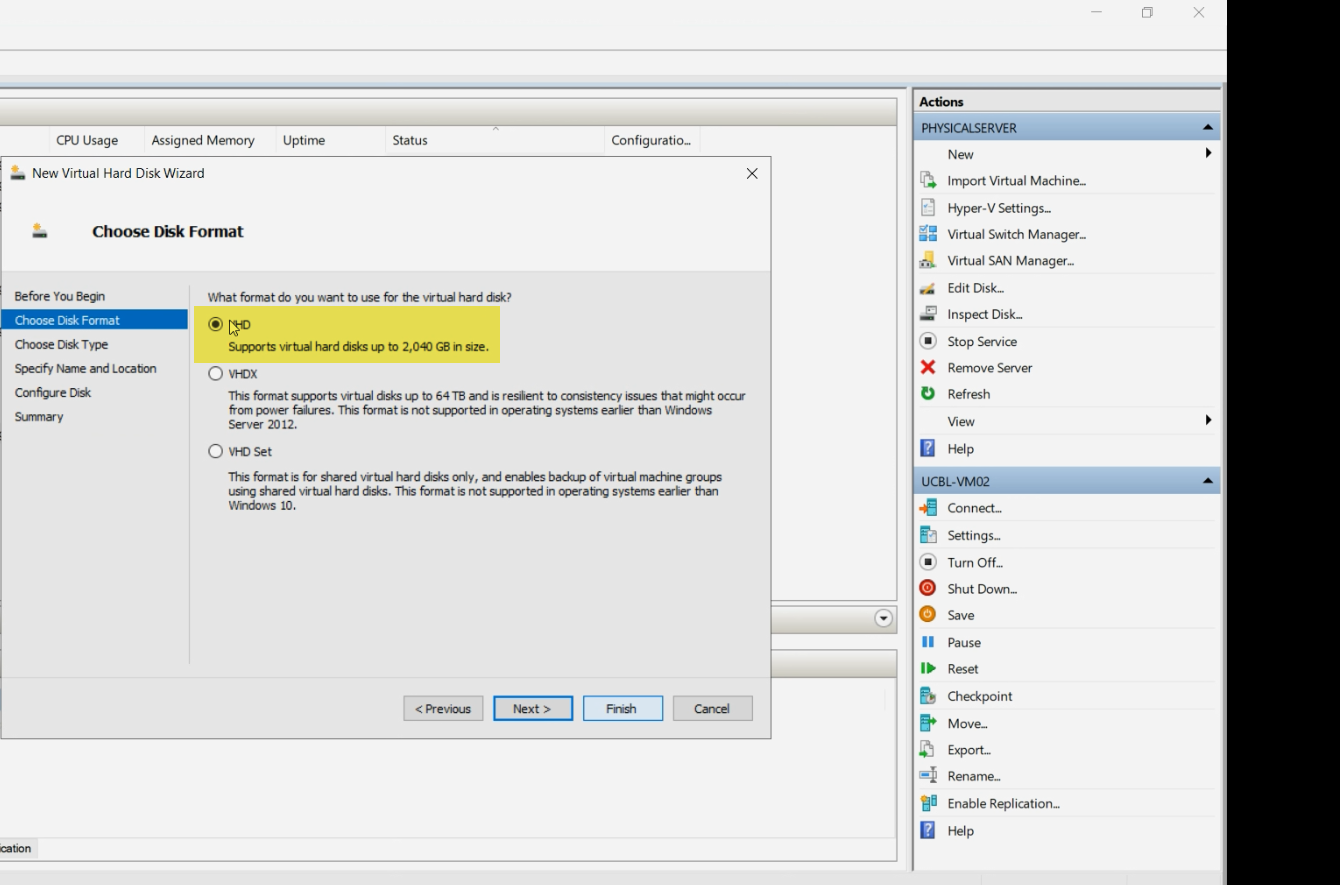 New Virtual Hard Disk wizard Disk Format page with the VHD radio option selected (instead of the modern VHDX default) for the demo, the explicit choice that creates the legacy file format we will later convert