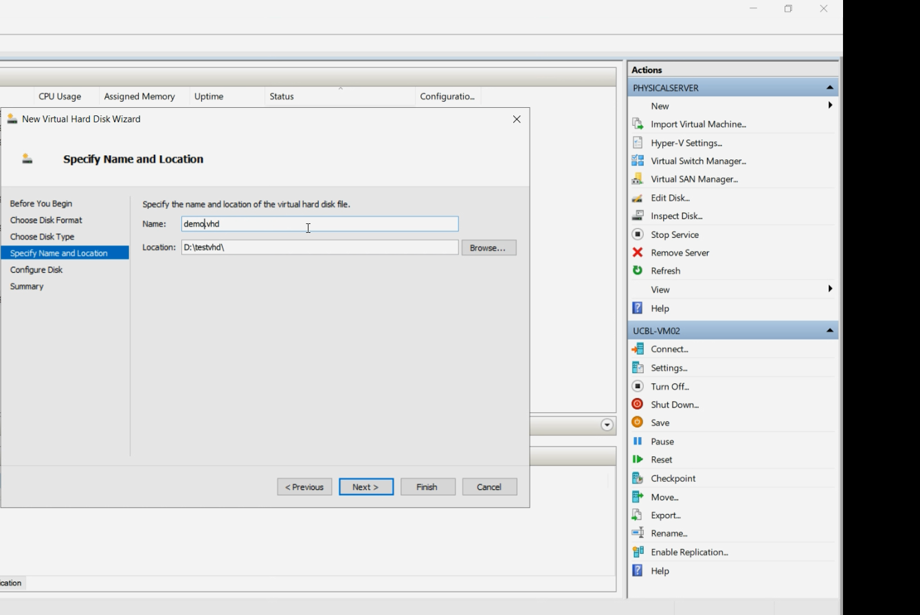 New Virtual Hard Disk wizard Specify Name and Location page with a filename and target folder entered, the standard naming step that determines where the .vhd file will be created on the host filesystem