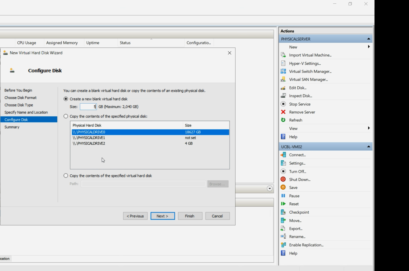 New Virtual Hard Disk wizard Configure Disk page with the size field populated and the Fixed-vs-Dynamic radio option visible, the size and allocation choice that will be carried over when the VHDX is later created
