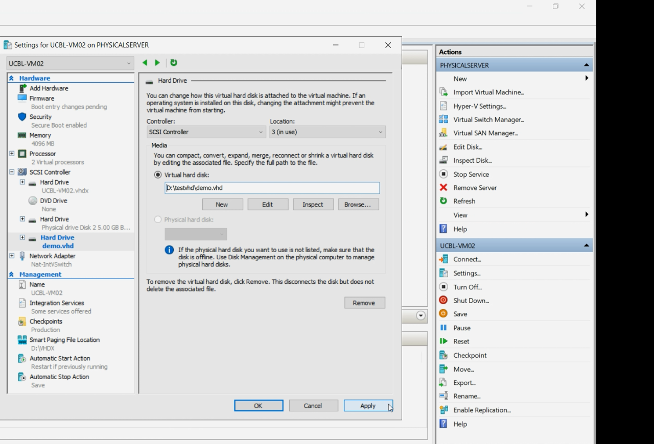 Hyper-V Manager VM Settings dialog with the SCSI Controller node expanded and the freshly created VHD attached to a virtual machine, the as-running configuration that the conversion will require us to undo