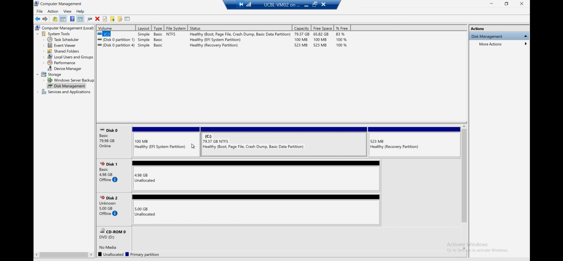Guest VM Disk Management console showing the freshly attached VHD as Disk N in an Offline / Unknown / Not Initialized state with the unallocated space visible, confirming the VM sees the legacy disk and that no data has been written yet