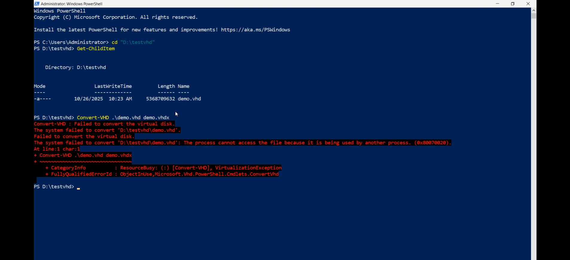 Edit Virtual Hard Disk wizard run from the host while the VHD is still attached to the running VM, with the Convert action queued, the configuration that triggers the file-in-use error in the next screenshot