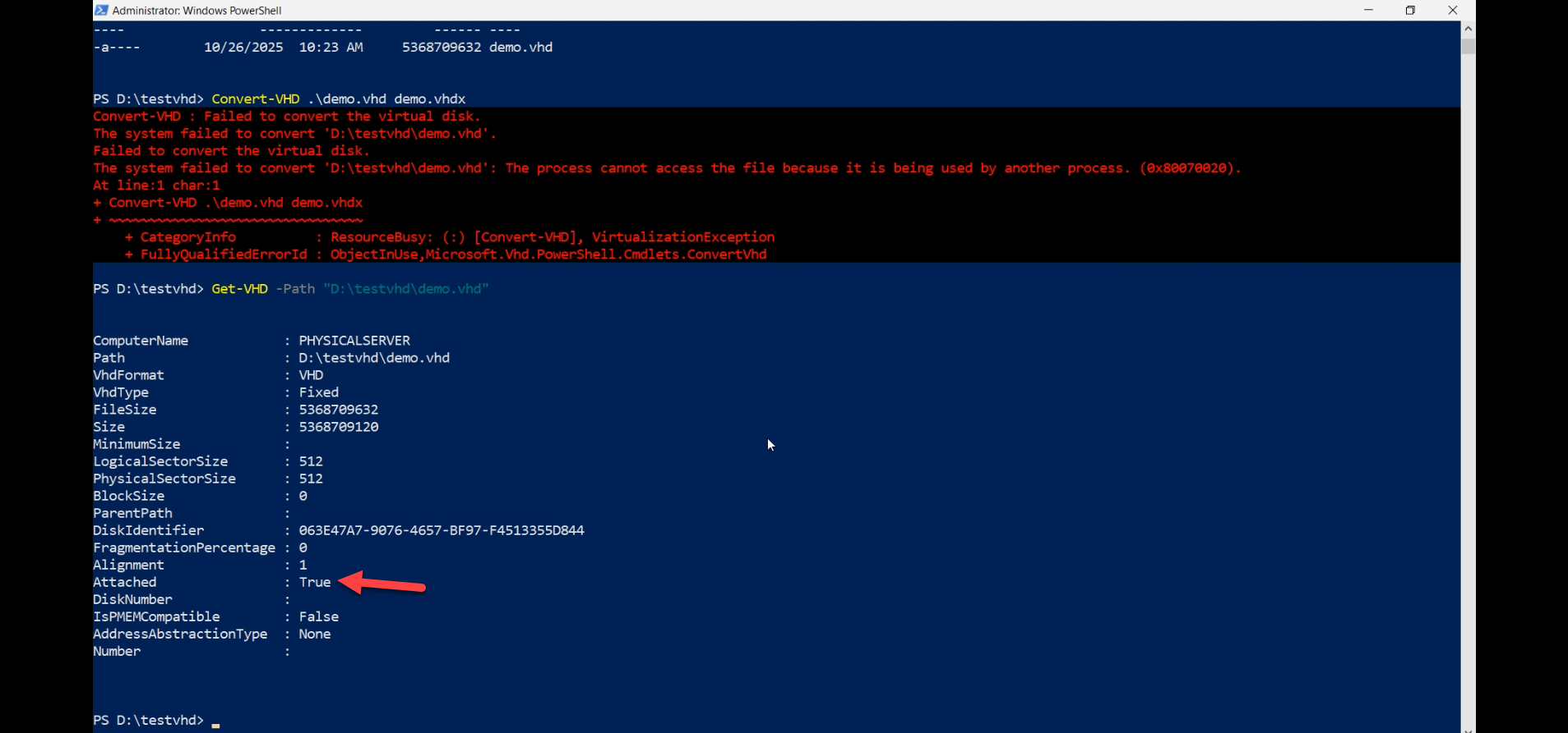 Error dialog returned by the Edit Disk wizard reporting that the file is in use by another process, the explicit failure that confirms an attached disk cannot be converted in place