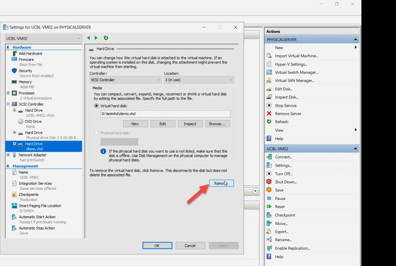 Hyper-V Manager VM Settings dialog with the Hard Drive entry highlighted and the Remove button about to be clicked, the corrective step that detaches the VHD from the VM so the conversion can proceed