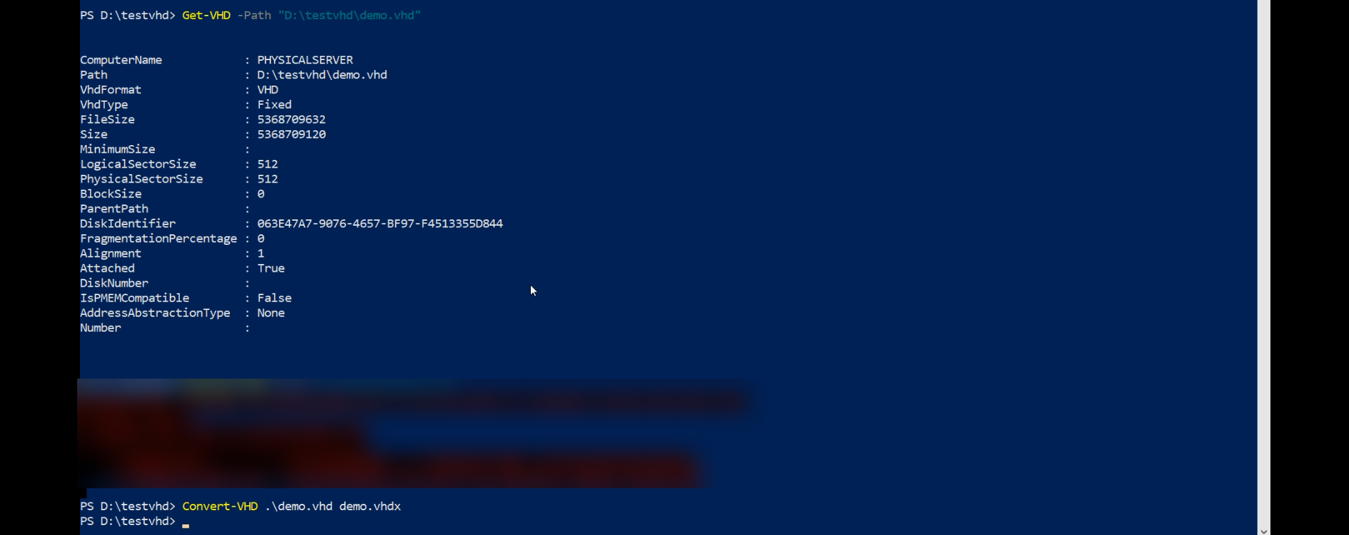Edit Virtual Hard Disk wizard re-run after the disk was detached, with the Convert action selected and the destination VHDX path field populated, the second-attempt run that completes successfully now that the file is no longer locked by Hyper-V