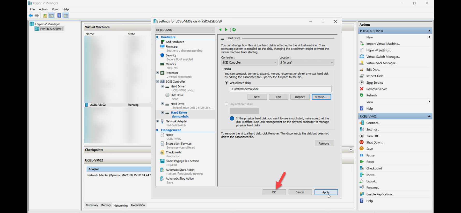 Hyper-V Manager VM Settings dialog with a new Hard Drive entry pointing at the freshly converted .vhdx file, the reattach step that restores the disk to the VM with the new format under the same SCSI controller