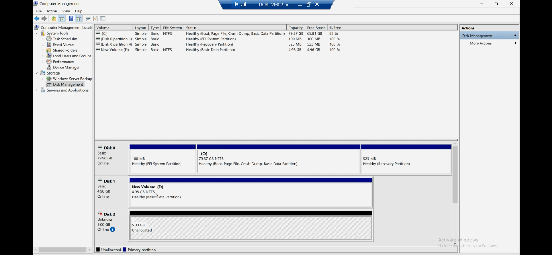 Guest VM Disk Management console showing the converted VHDX as Disk N with the same data state as before the conversion, the verification confirming the conversion preserved disk content and the guest sees an equivalent disk under the new format