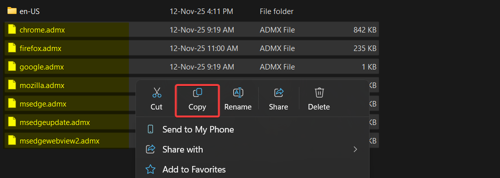 Windows File Explorer showing the extracted browser policy template directories with .admx files visible at the root, the source layout of the Chrome / Edge / Firefox policy bundles after they are unzipped