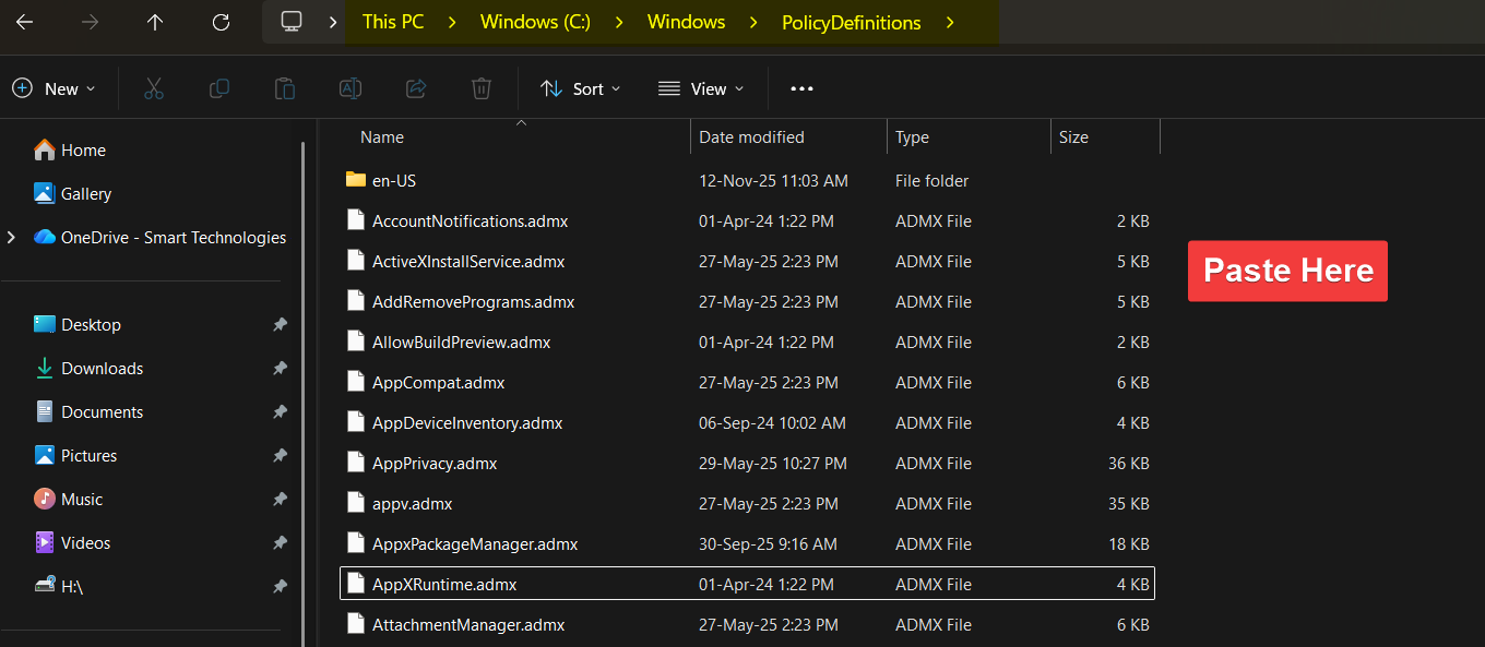 Windows File Explorer at C:\Windows\PolicyDefinitions on the Domain Controller showing the .admx files freshly copied alongside the existing built-in templates, the Central Store location that drives Group Policy editor template availability