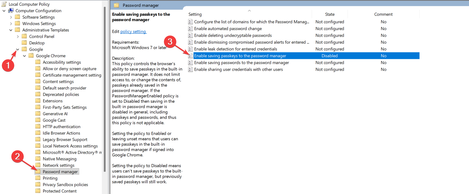 Group Policy Management Editor with the Chrome Password Manager and Protection node selected and the Enable saving passwords to the password manager policy set to Disabled, the per-browser configuration for Chrome
