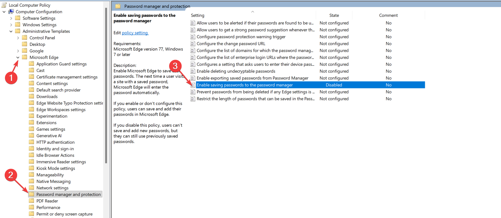 Group Policy Management Editor with the Microsoft Edge Password Manager and Protection node selected and the same Enable saving passwords to the password manager policy set to Disabled, the per-browser configuration for Edge