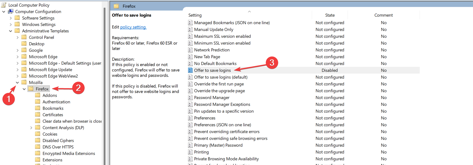 Group Policy Management Editor with the Mozilla Firefox node selected and the Offer to save logins policy set to Disabled, the per-browser configuration for Firefox with its differently-named but functionally-equivalent policy